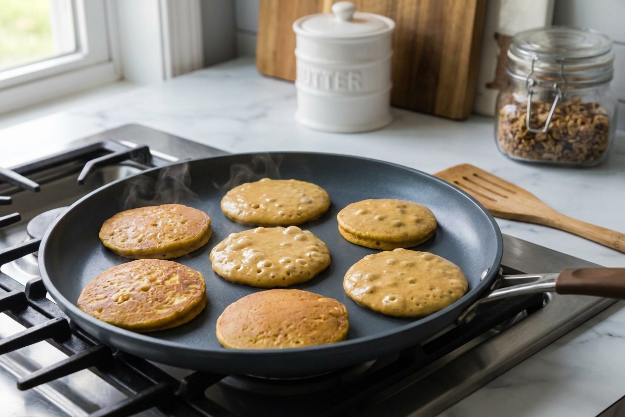 Banana pancake rounds cooking on a nonstick skillet with bubbles forming on the surface over a stovetop