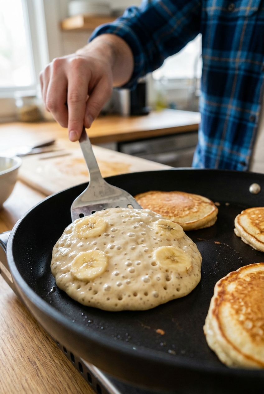 Banana pancakes cooking in a nonstick skillet with bubbles on the surface as a spatula slides underneath to flip one