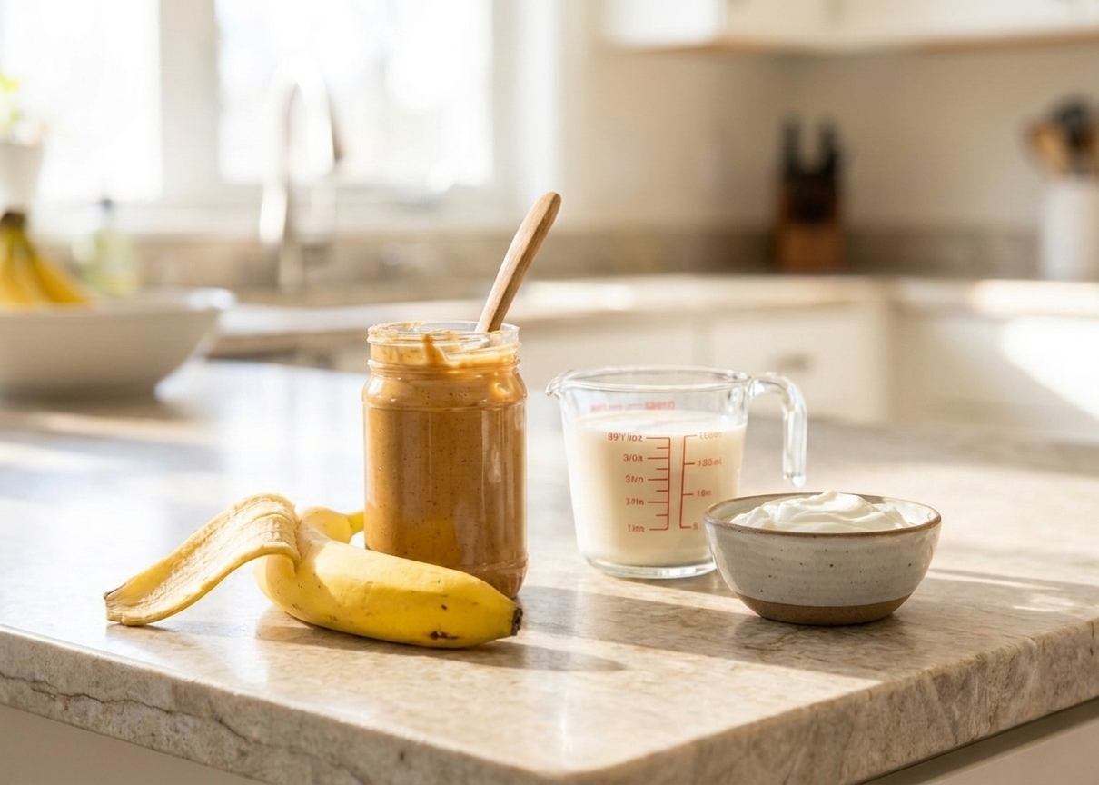 Banana, peanut butter, milk, and Greek yogurt set out on a kitchen counter for making a smoothie