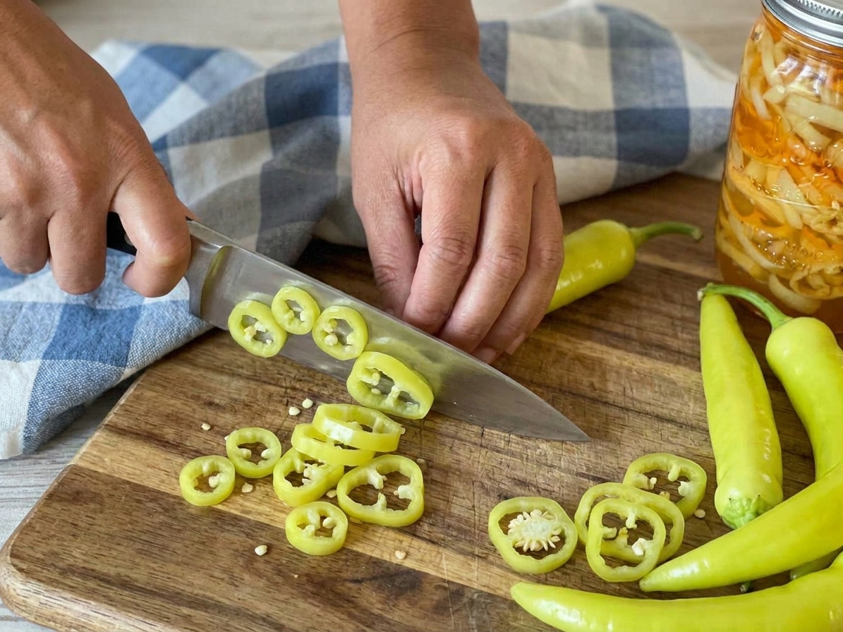 Banana pepper rings being sliced on a wooden cutting board with a chef’s knife, seeds visible