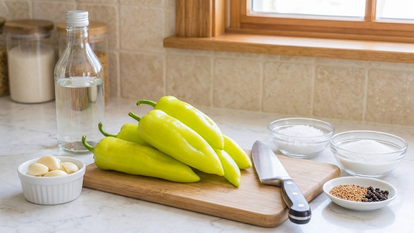 Banana peppers, peeled garlic cloves, vinegar, salt, sugar, and spices arranged on a clean kitchen counter in natural light