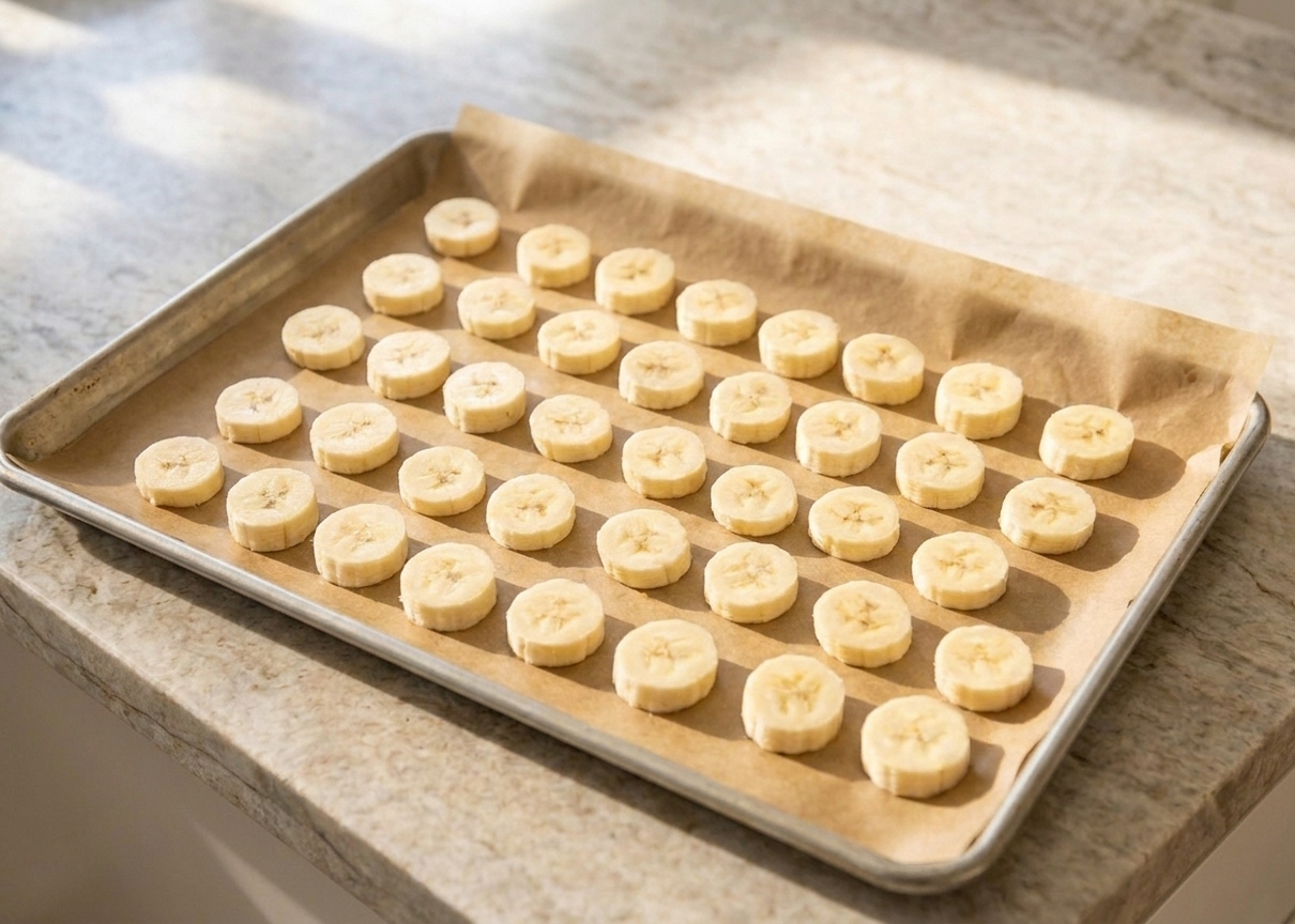 Banana slices arranged in a single layer on a parchment lined baking sheet, ready to freeze