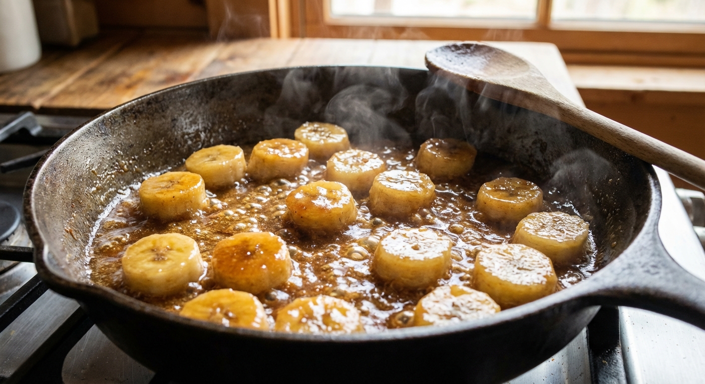 Banana slices browning in a skillet with bubbling caramel sauce