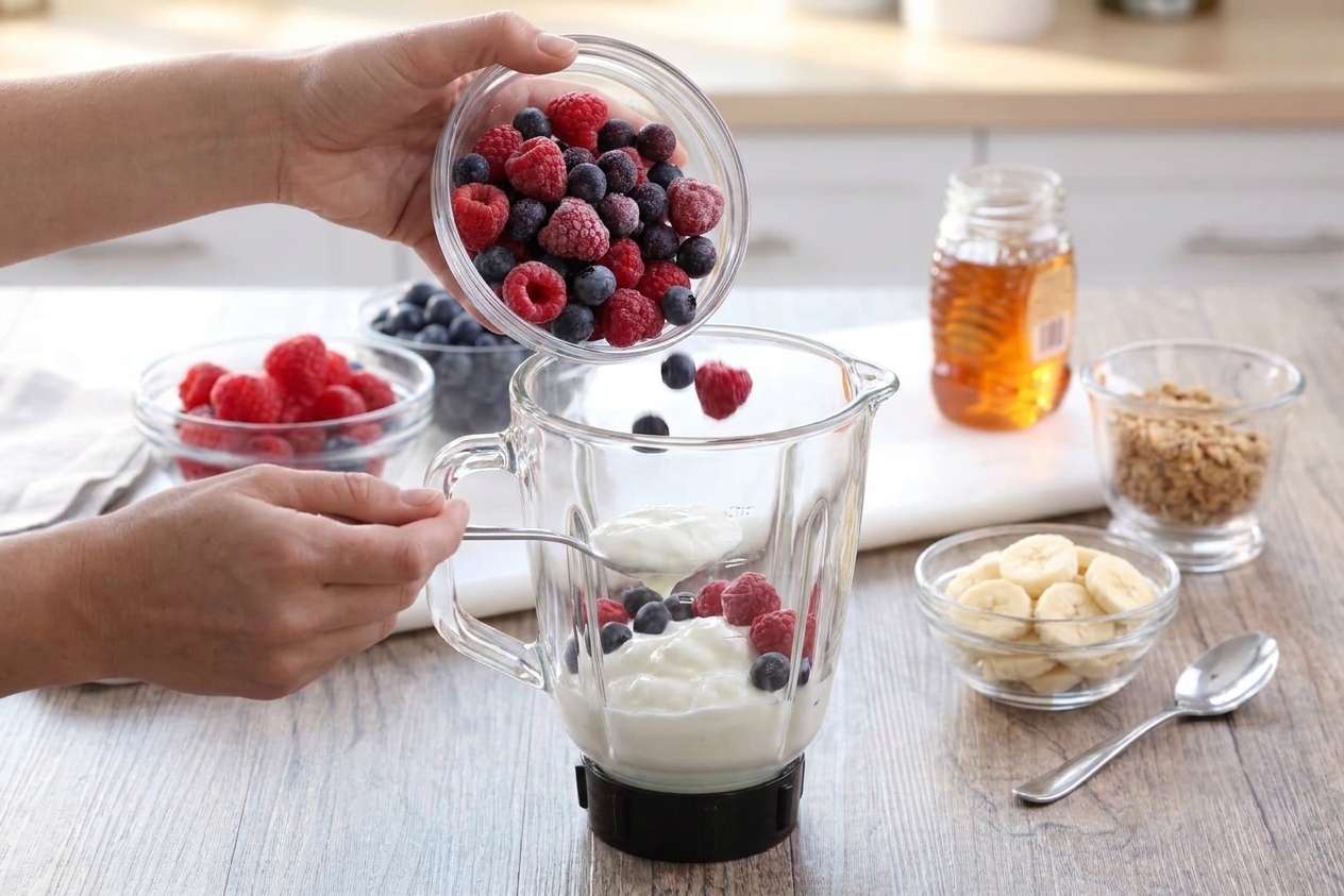 Banana slices, frozen berries, and Greek yogurt being added into a blender jar on a home kitchen counter