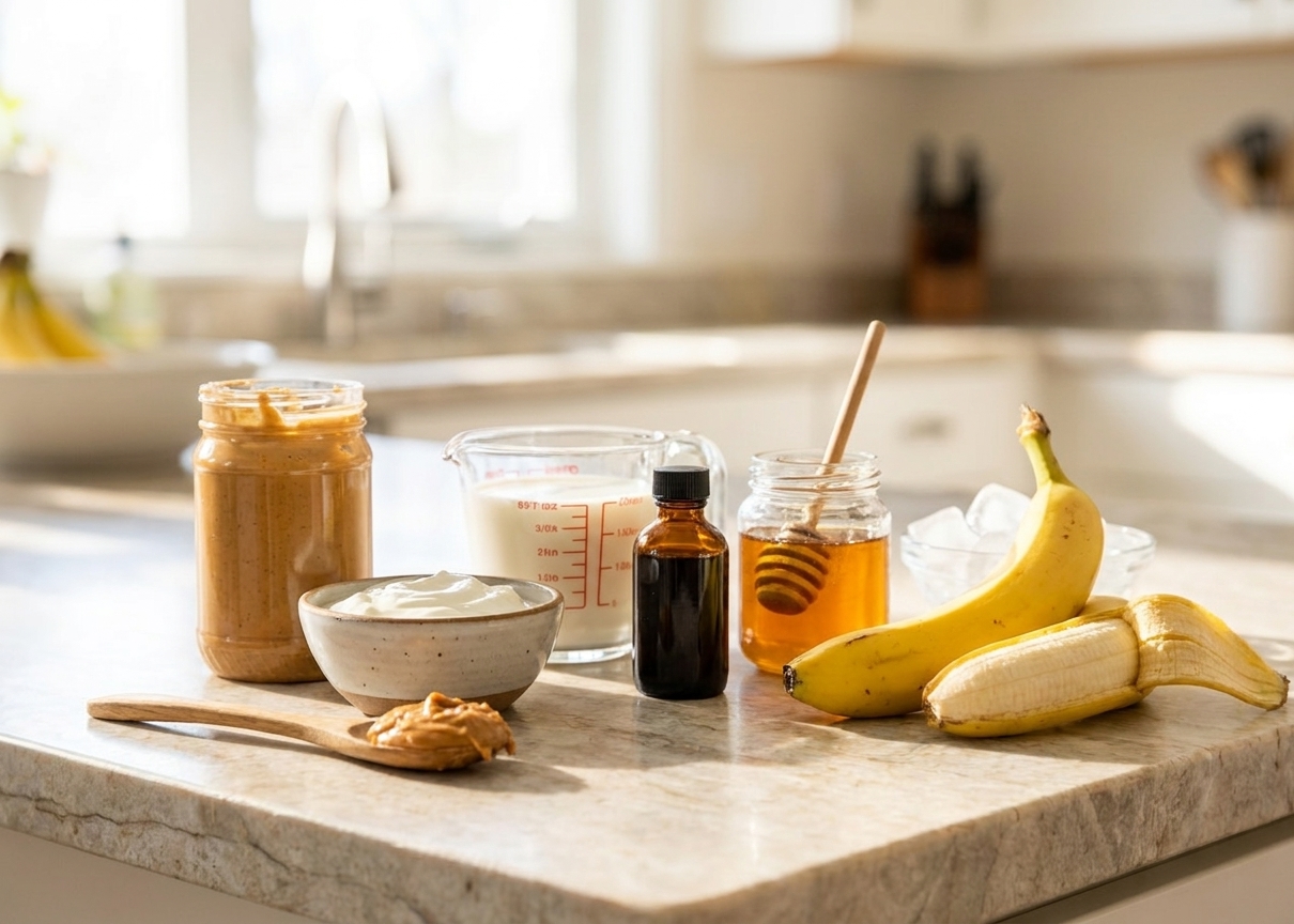 Bananas, a jar of peanut butter, a small bowl of Greek yogurt, a measuring cup of milk, vanilla extract, honey, and ice cubes arranged on a tidy kitchen counter