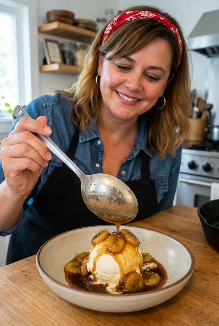 Bananas foster being spooned over vanilla ice cream in a shallow bowl