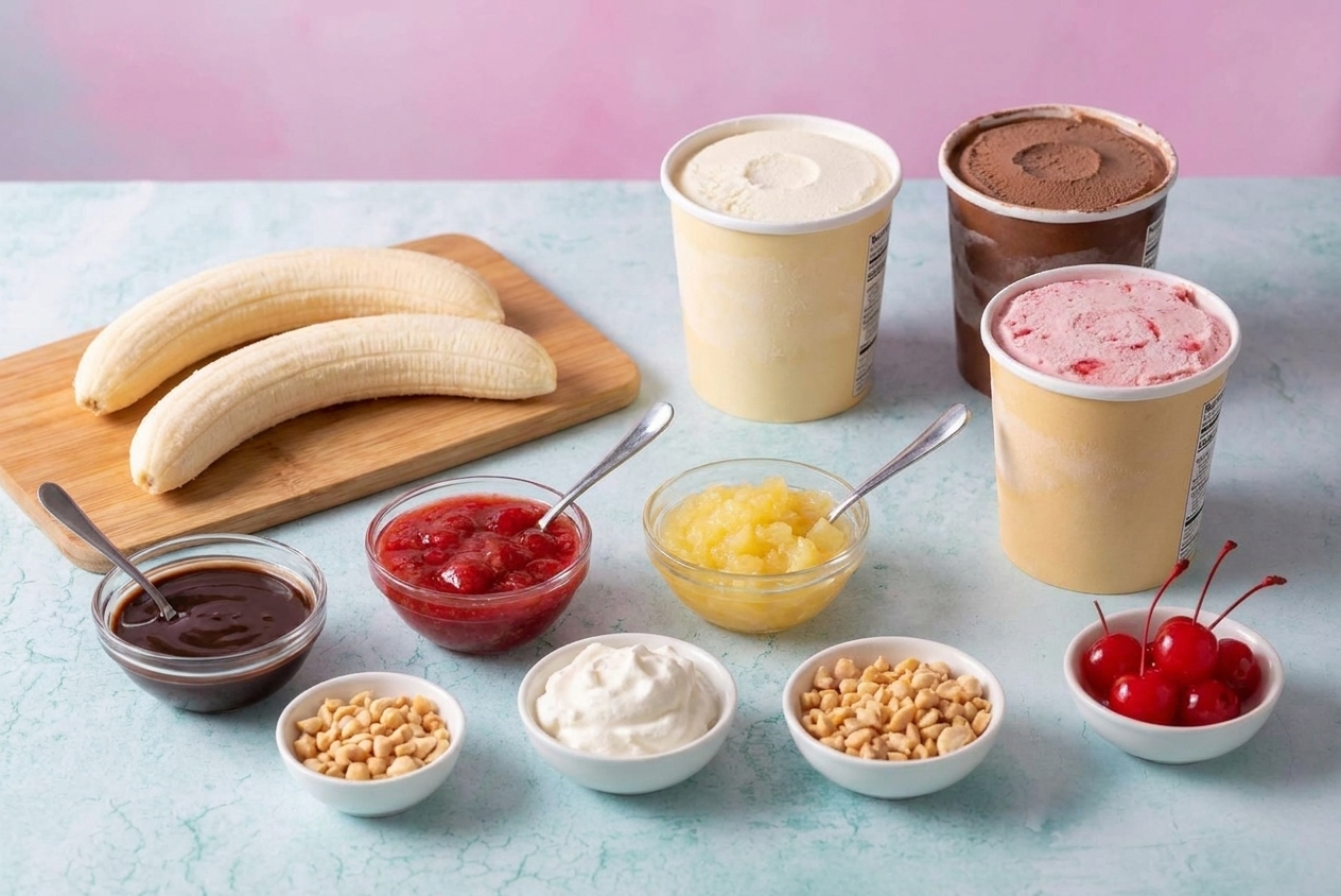 Bananas, three ice cream pints, chocolate syrup, strawberry topping, pineapple topping, whipped cream, chopped nuts, and maraschino cherries arranged on a tidy kitchen counter