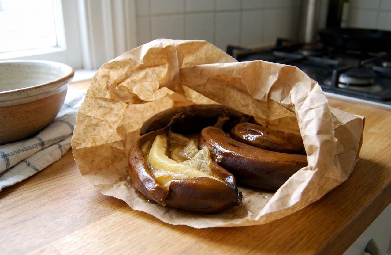 Bananas tucked inside a loosely folded brown paper bag on a kitchen counter