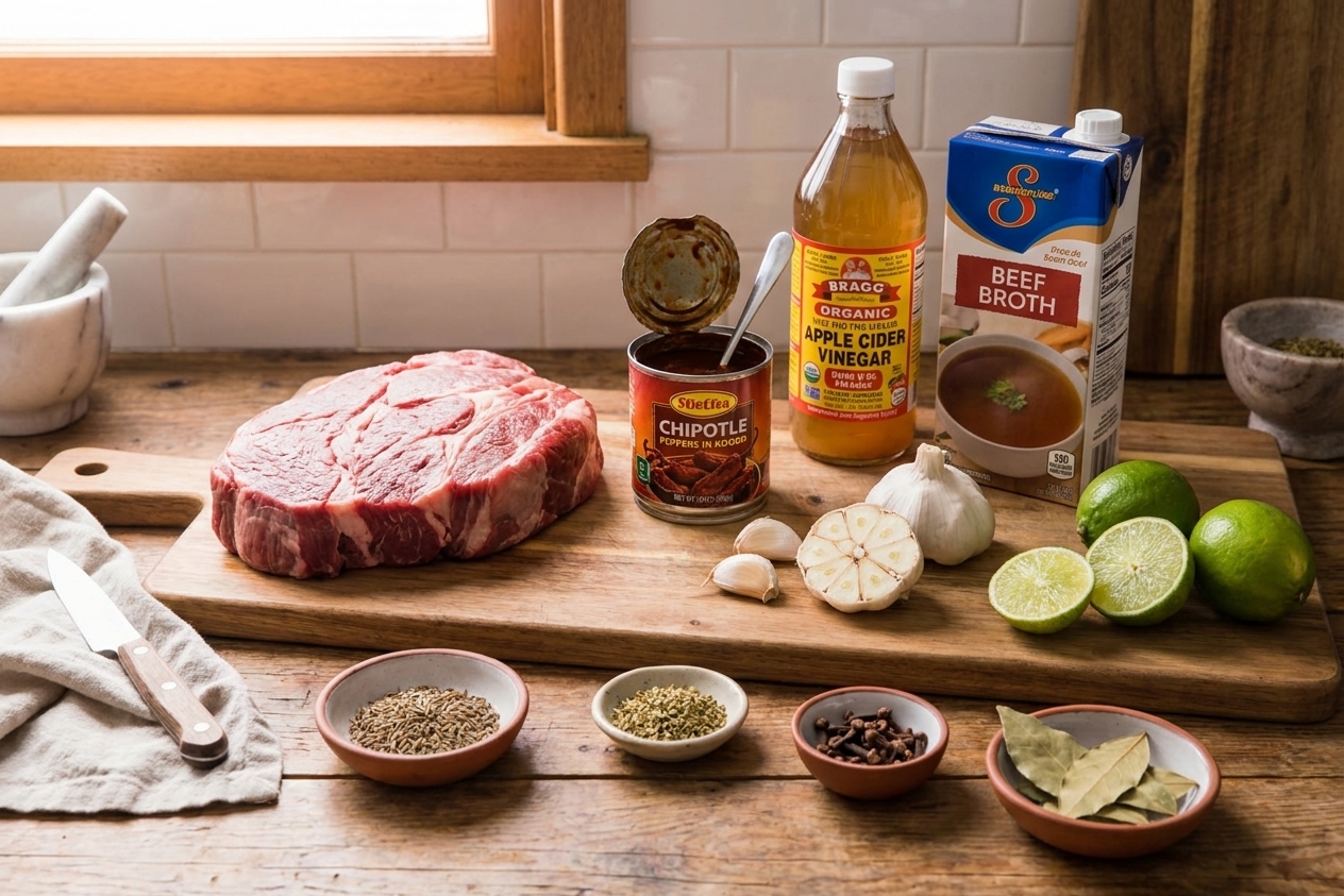 Barbacoa ingredients arranged on a kitchen counter including chuck roast, chipotle peppers in adobo, apple cider vinegar, garlic, lime, cumin, oregano, cloves, bay leaves, and broth