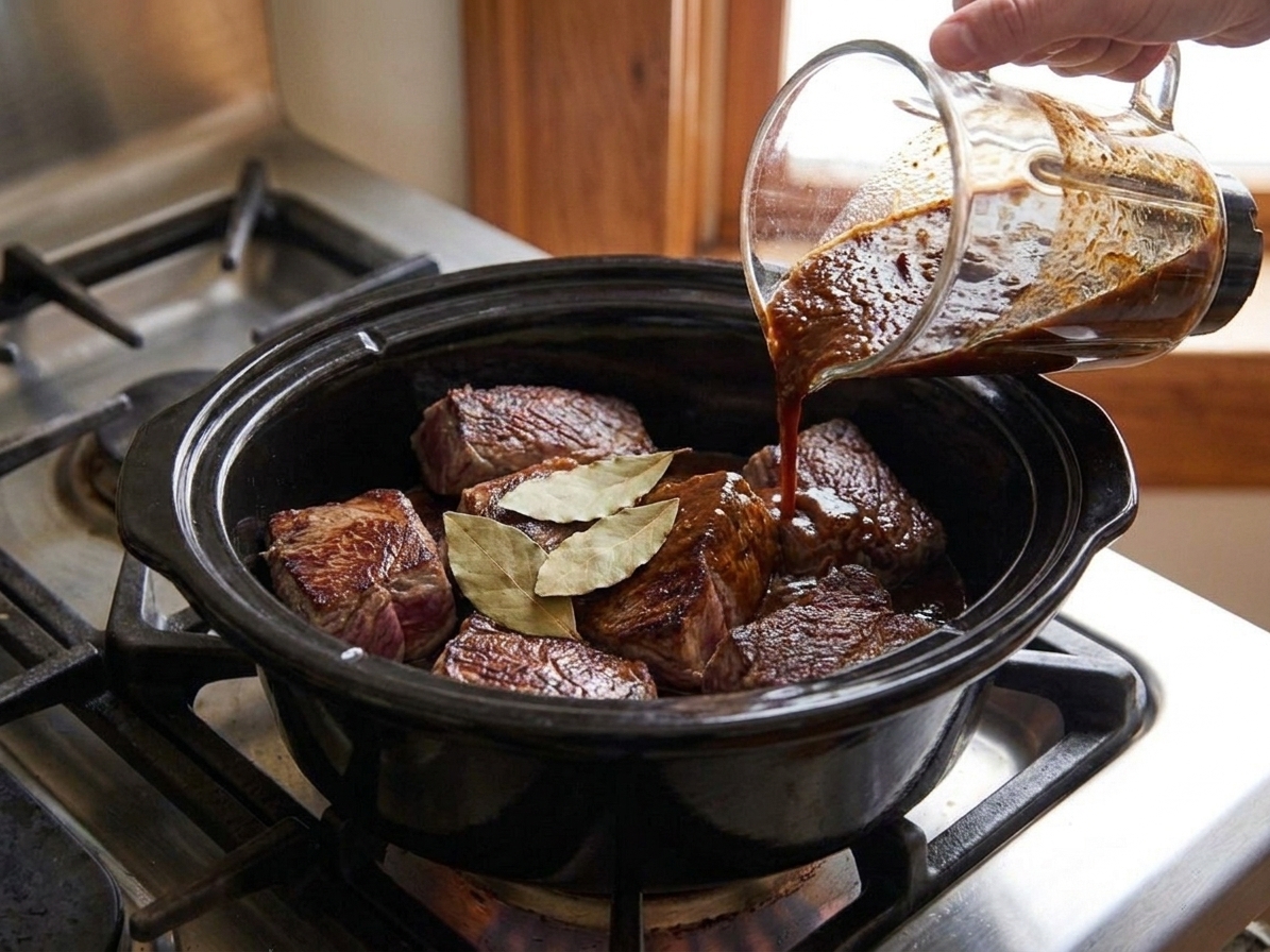 Barbacoa sauce poured over beef in a slow cooker insert, bay leaves visible on top before cooking