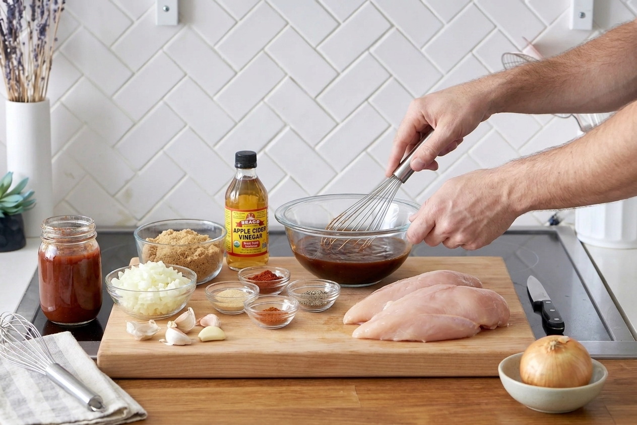 Barbecue chicken ingredients arranged on a kitchen counter including chicken, barbecue sauce, apple cider vinegar, brown sugar, spices, onion, and garlic