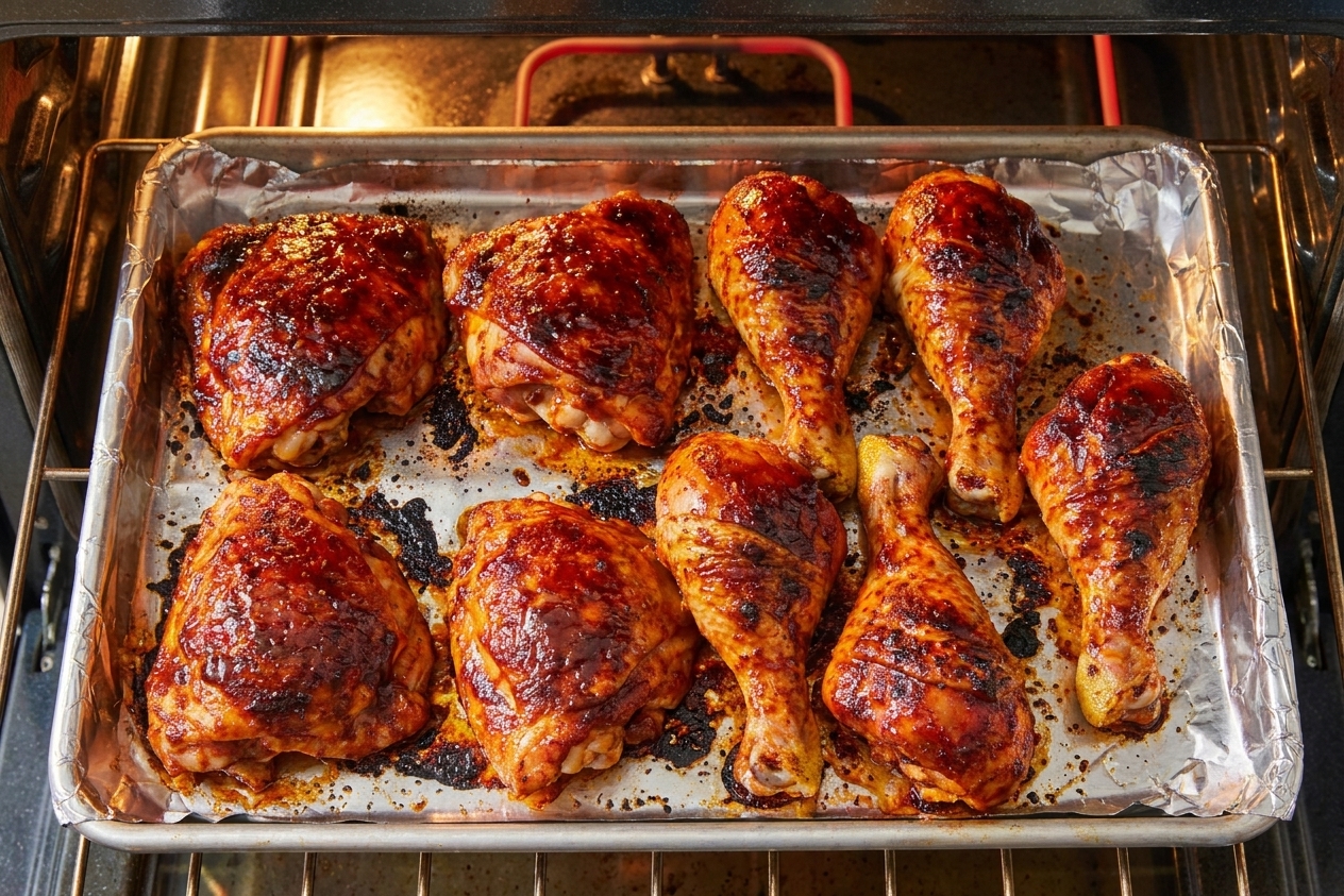 Barbecue chicken thighs under a broiler with bubbling glaze and caramelized edges on a sheet pan