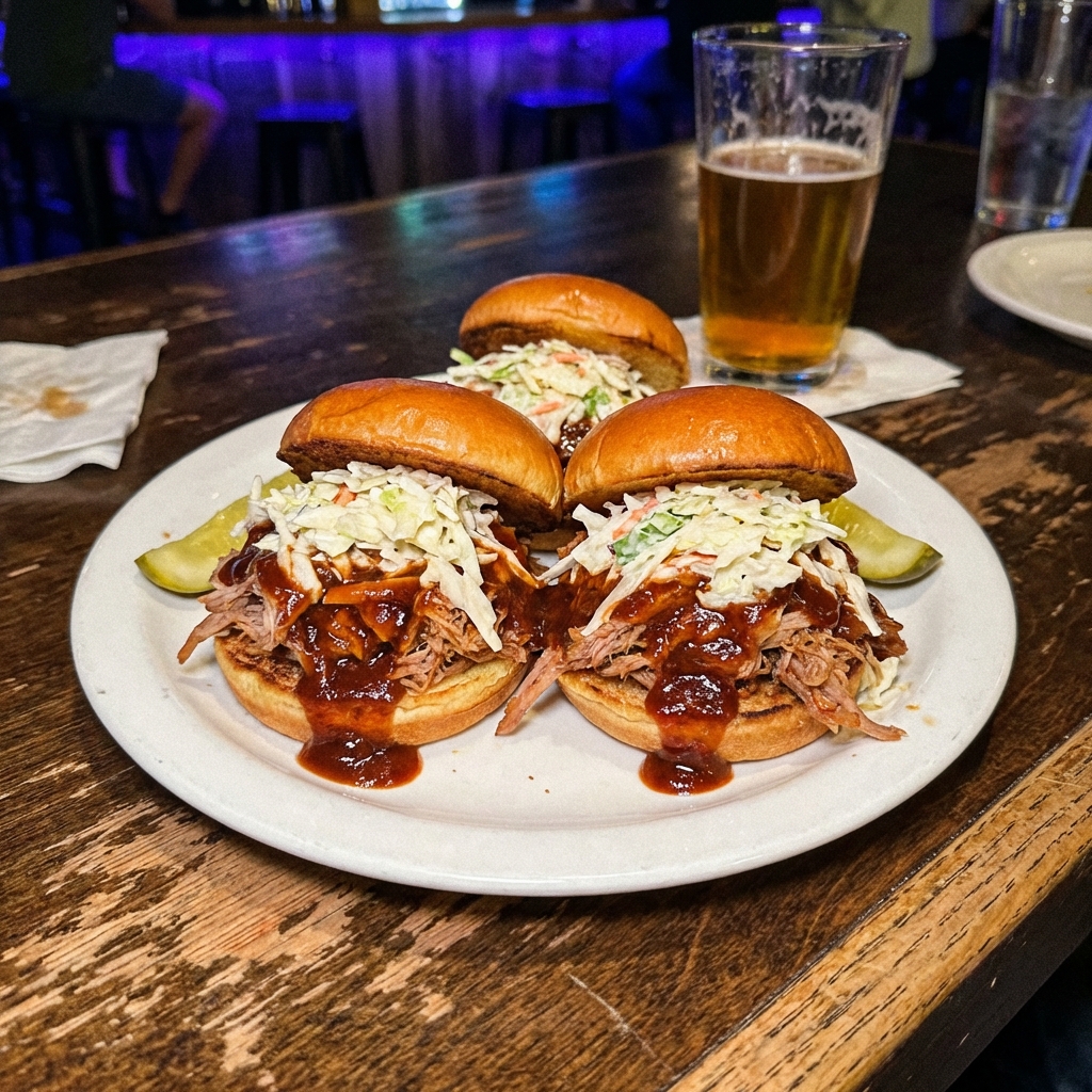 Barbecue pulled pork sliders on a plate