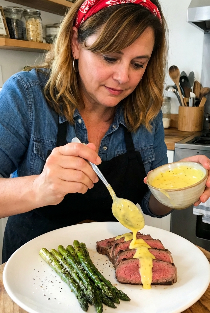 Béarnaise sauce being spooned over sliced steak on a plate with roasted asparagus