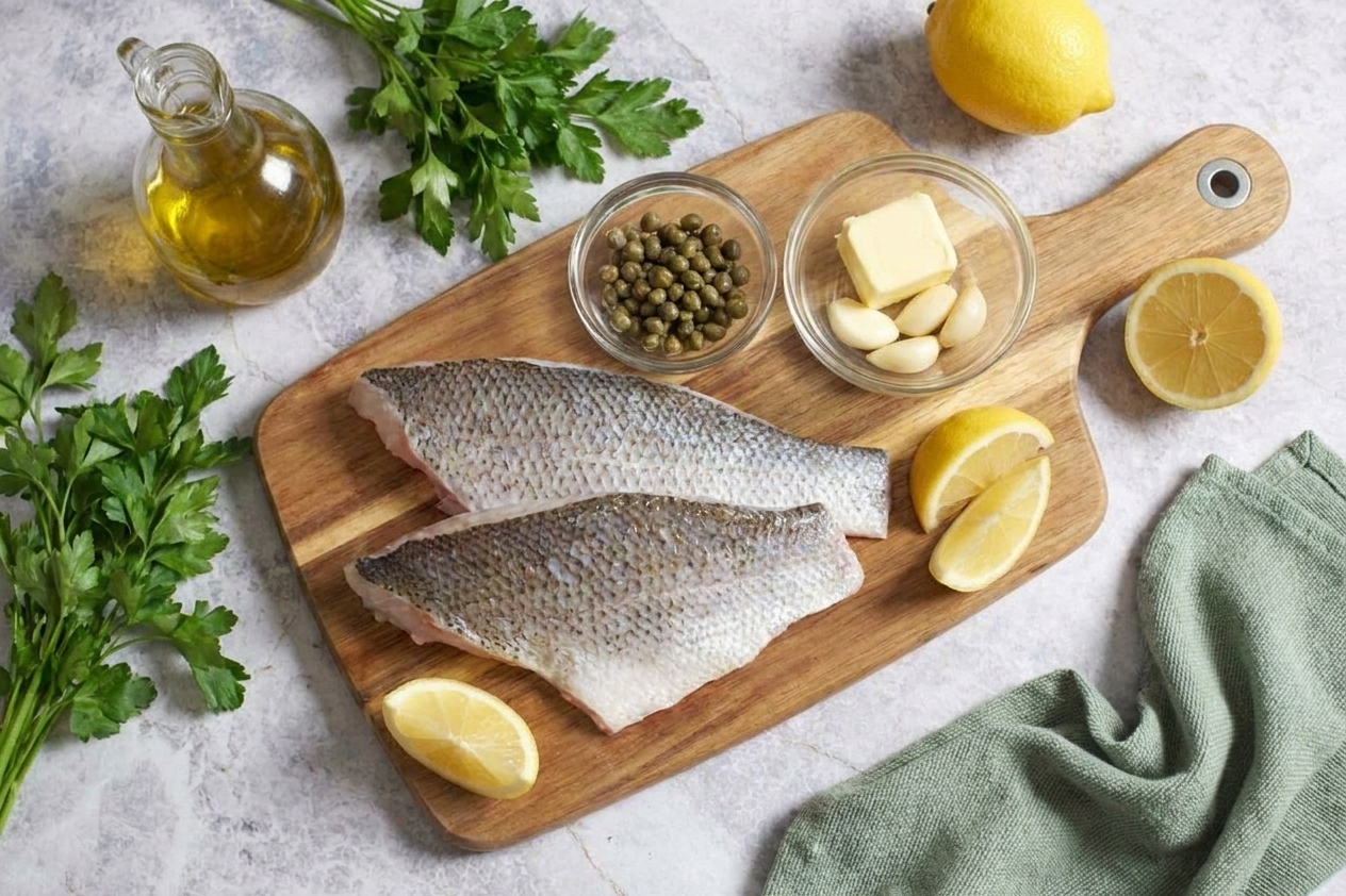 Barramundi fillets, lemons, capers, garlic, butter, olive oil, and parsley arranged on a light kitchen counter with a cutting board and small bowls