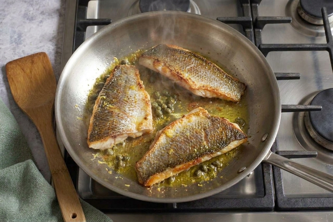 Barramundi fillets searing skin-side down in a hot skillet with edges turning golden and crisp