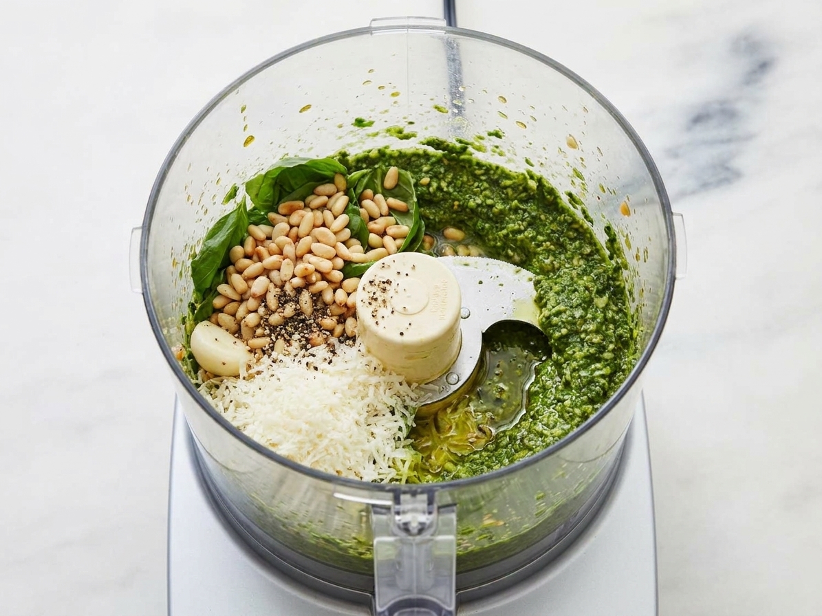 Basil pesto being blended in a food processor