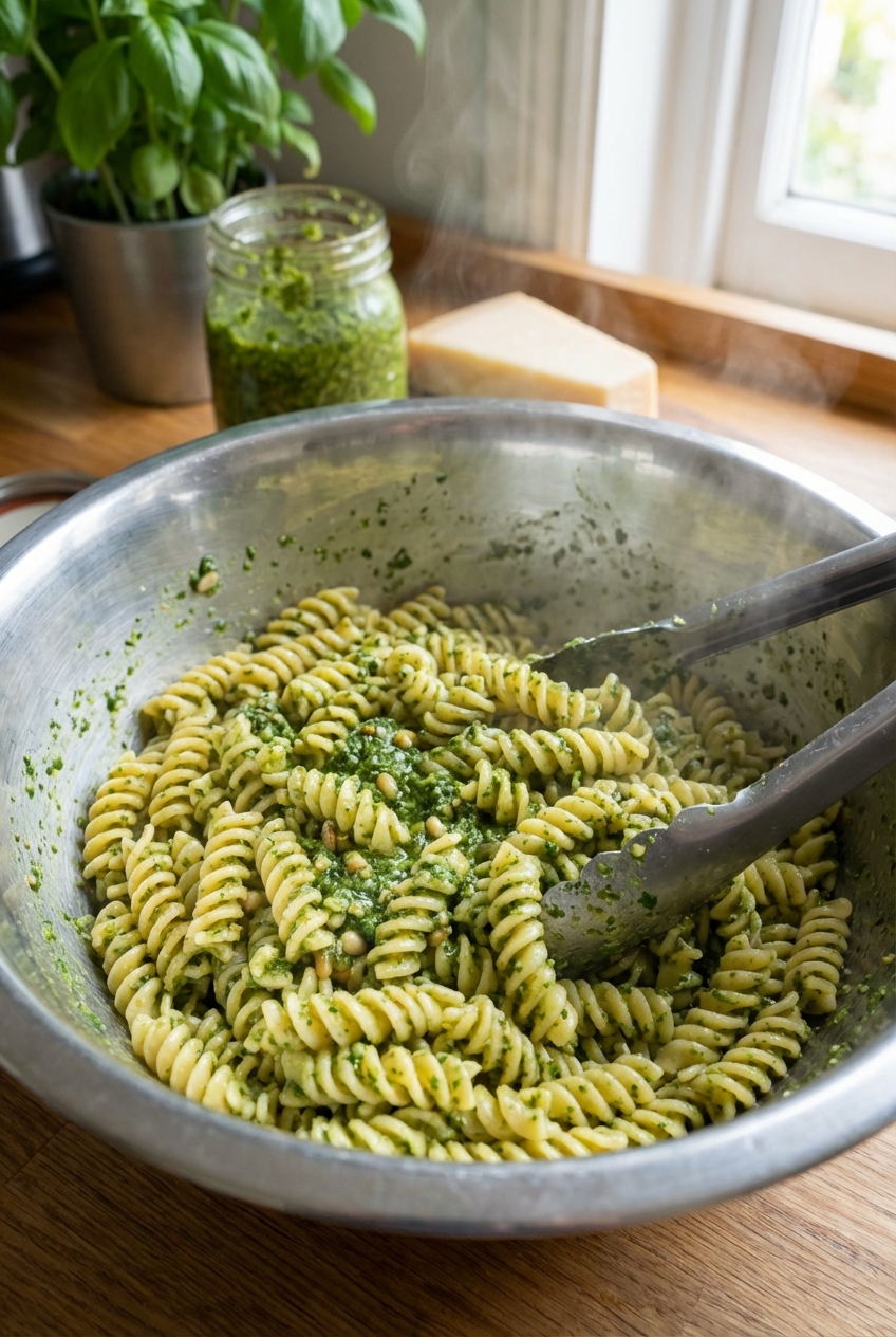 Basil pesto being tossed with hot pasta in a stainless steel mixing bowl