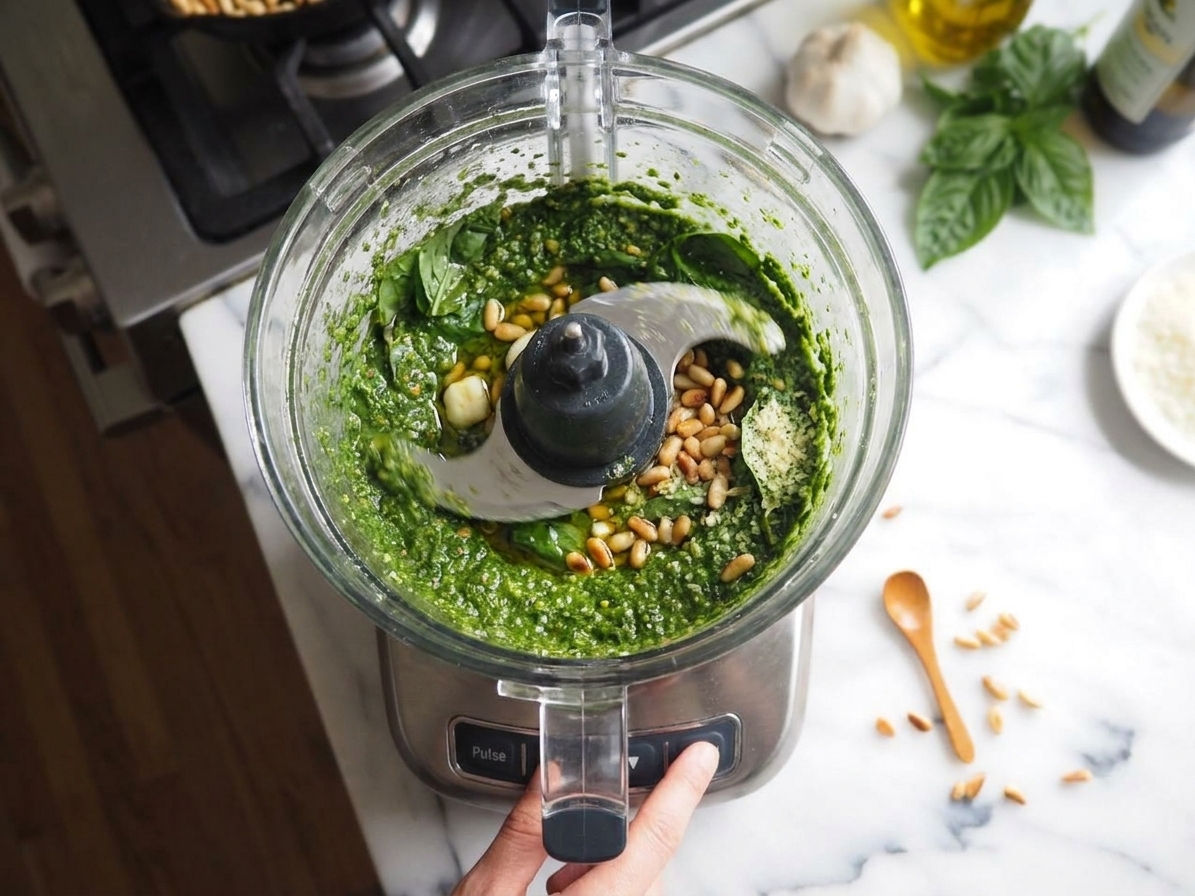 Basil pesto blending in a food processor on a countertop
