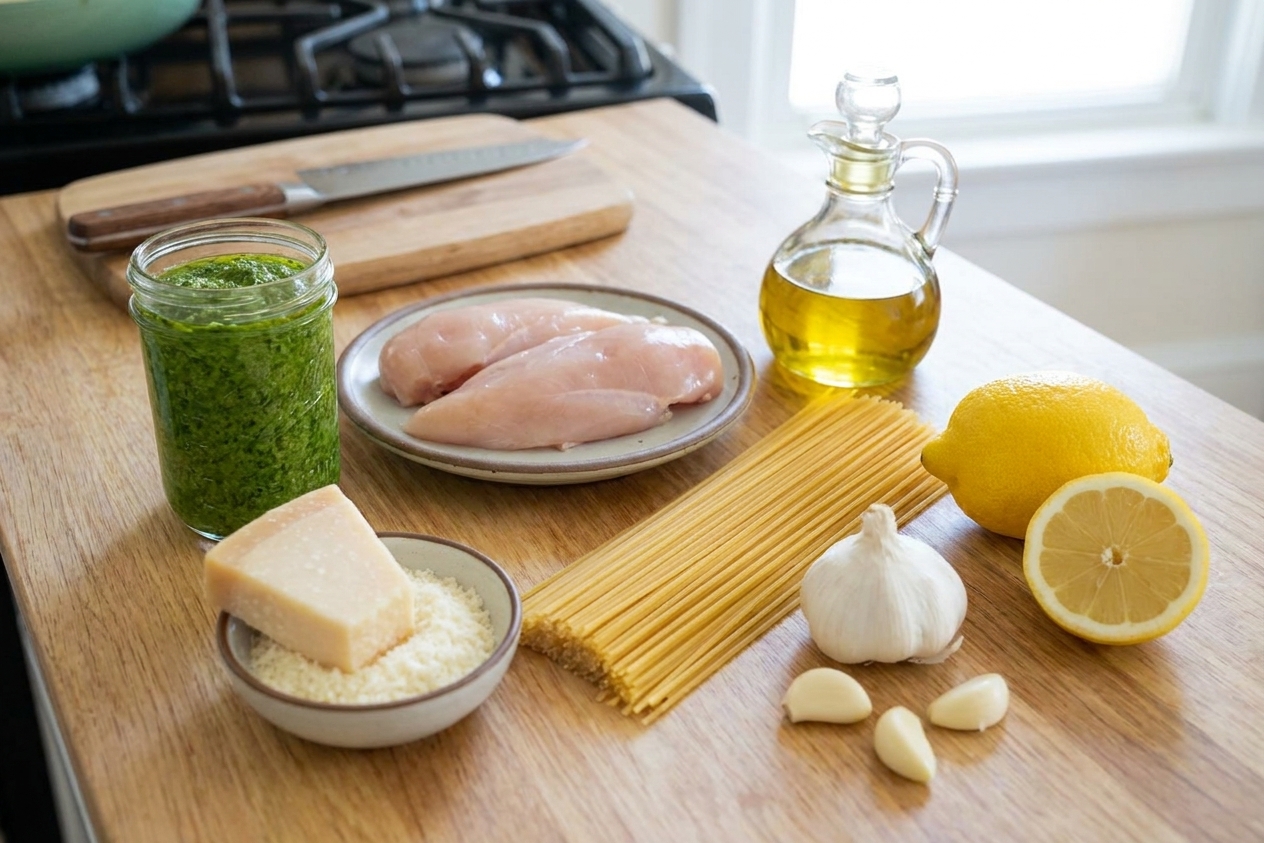 Basil pesto, raw chicken breasts, dry pasta, Parmesan, garlic, lemon, and olive oil arranged on a light kitchen counter