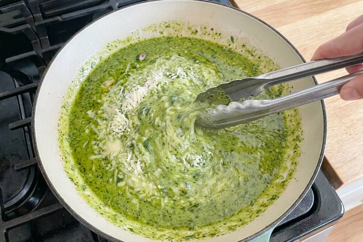 Basil pesto sauce being stirred in a skillet, turning creamy and glossy with Parmesan