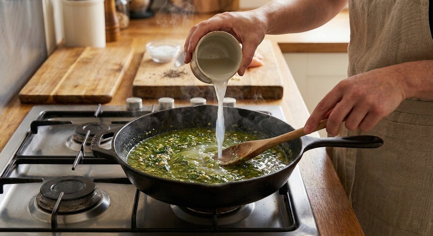 Basil pesto sauce being stirred in a skillet with a splash of reserved pasta water, creating a glossy green sauce
