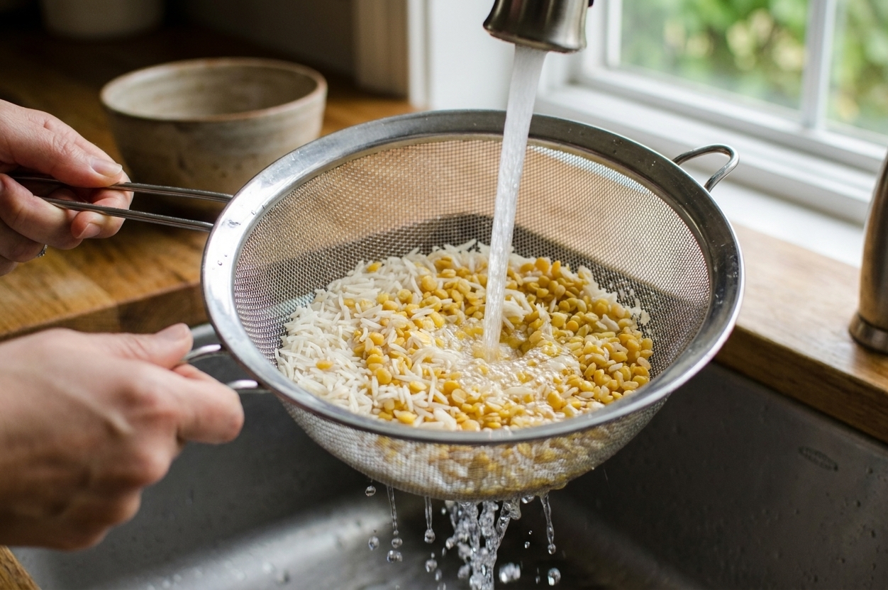 Basmati rice and lentils being rinsed in a fine-mesh strainer over a kitchen sink with water running
