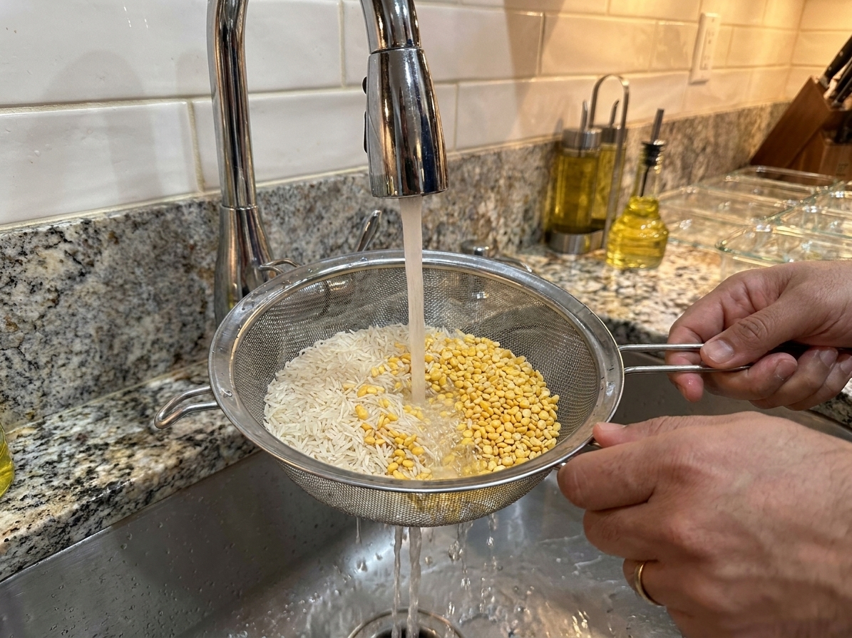 Basmati rice and split yellow moong dal being rinsed in a fine mesh sieve under running water over a sink