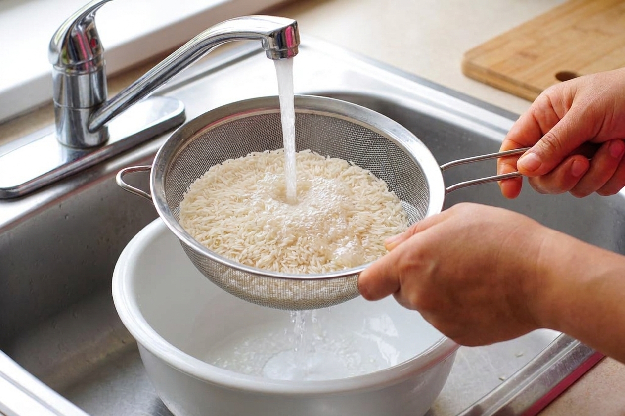 Basmati rice being rinsed in a fine mesh strainer over a bowl in a bright home kitchen sink