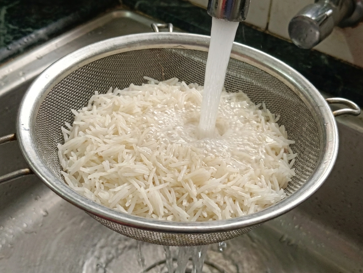 Basmati rice being rinsed in a fine mesh strainer under running water