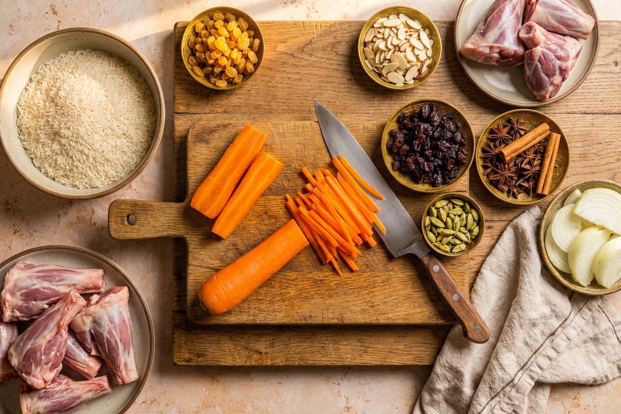 Basmati rice, onions, carrots, raisins, sliced almonds, lamb pieces, and small bowls of spices arranged on a kitchen counter in warm natural light