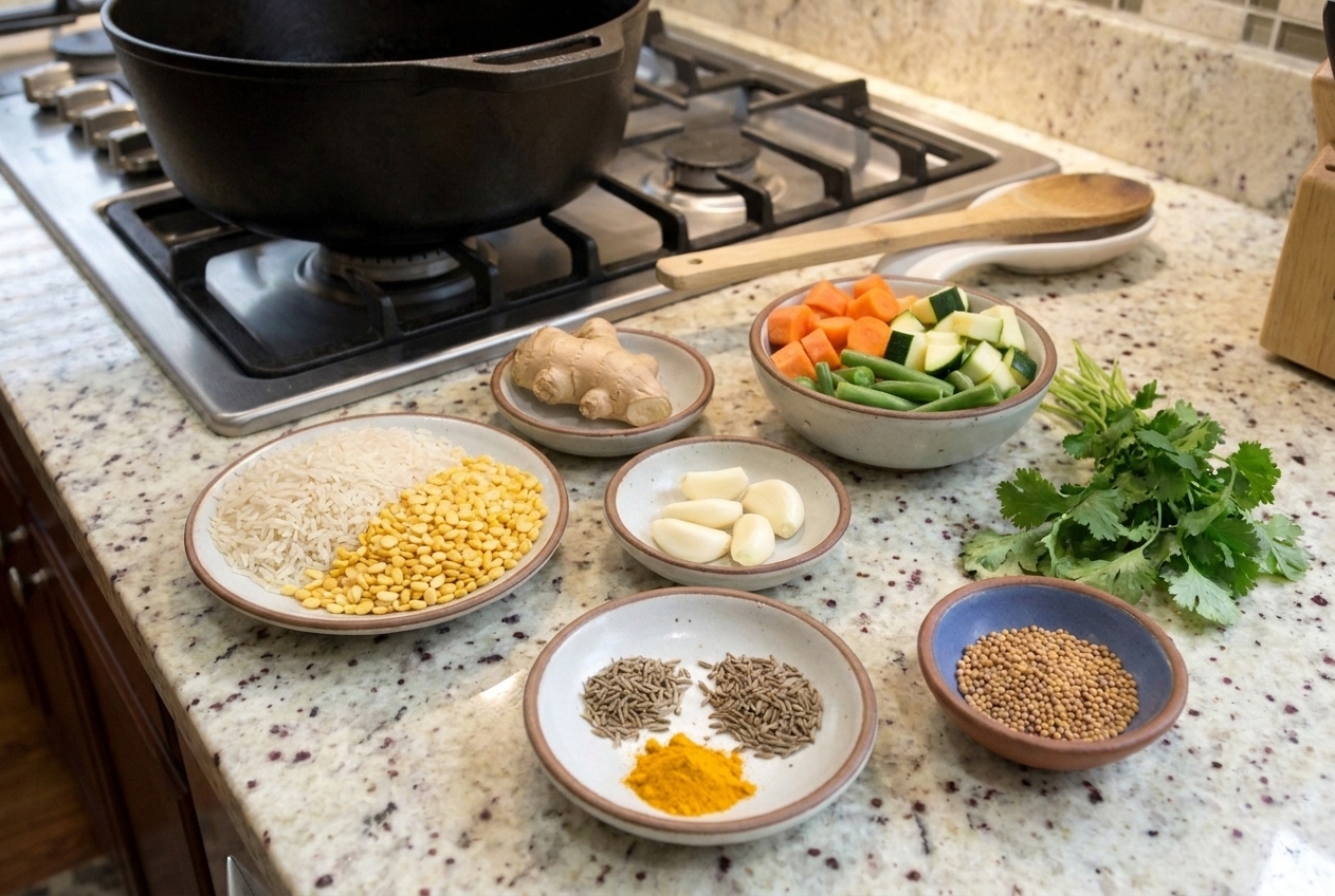 Basmati rice, yellow split mung dal, fresh ginger, garlic, turmeric, cumin seeds, mustard seeds, and chopped vegetables arranged on a light kitchen counter