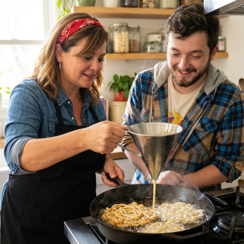 Batter being poured in thin ribbons into hot oil in a deep skillet to form a funnel cake