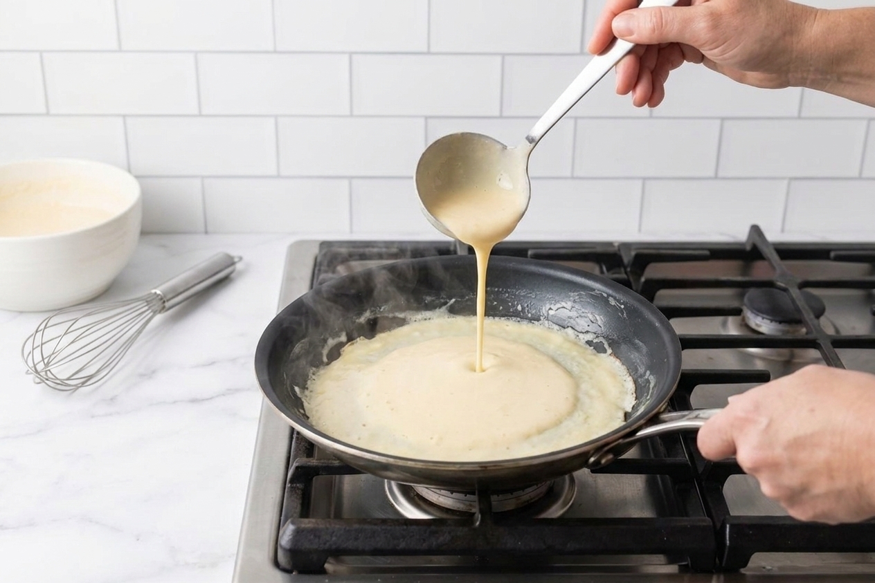 Batter being poured into a buttered nonstick skillet while the pan is tilted to spread it into a thin circle on a stovetop