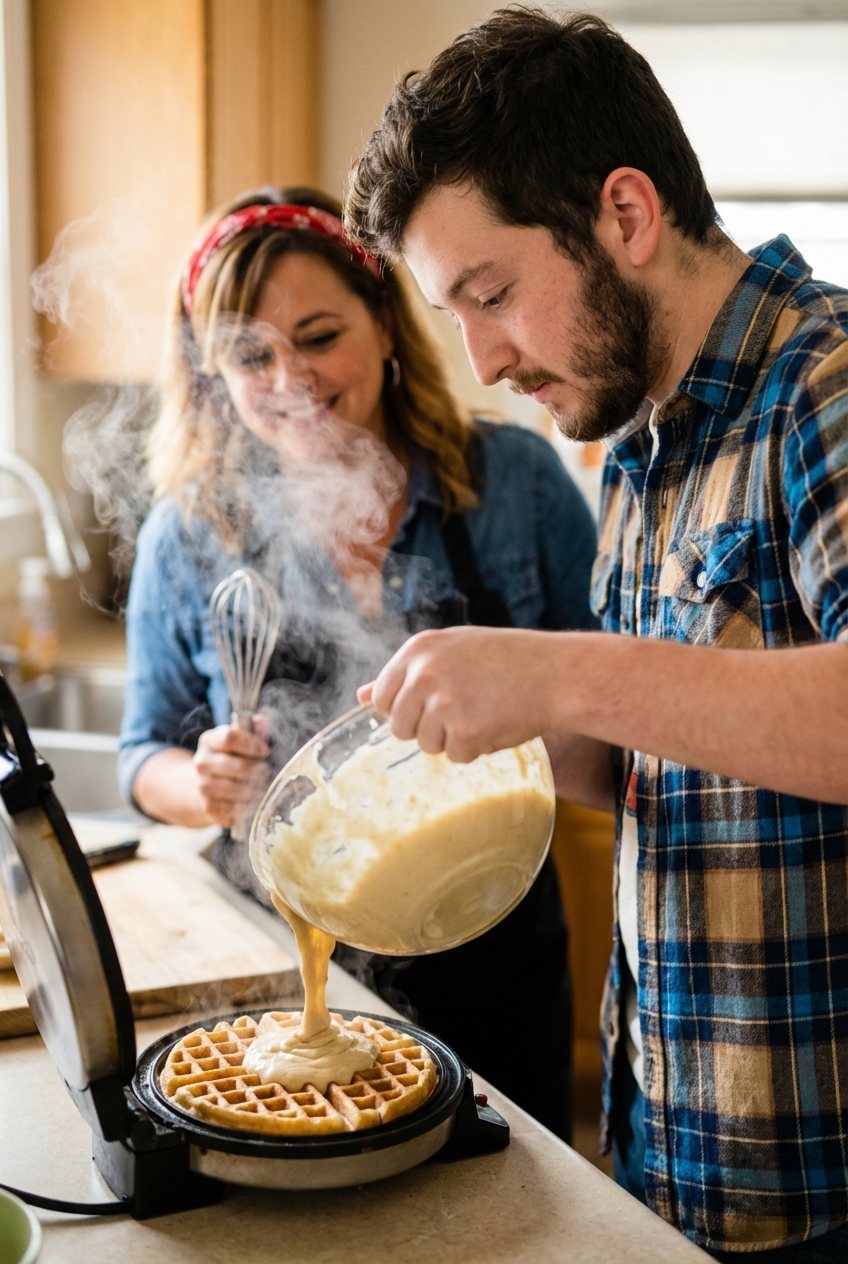 Batter being poured into a hot Belgian waffle iron with steam rising