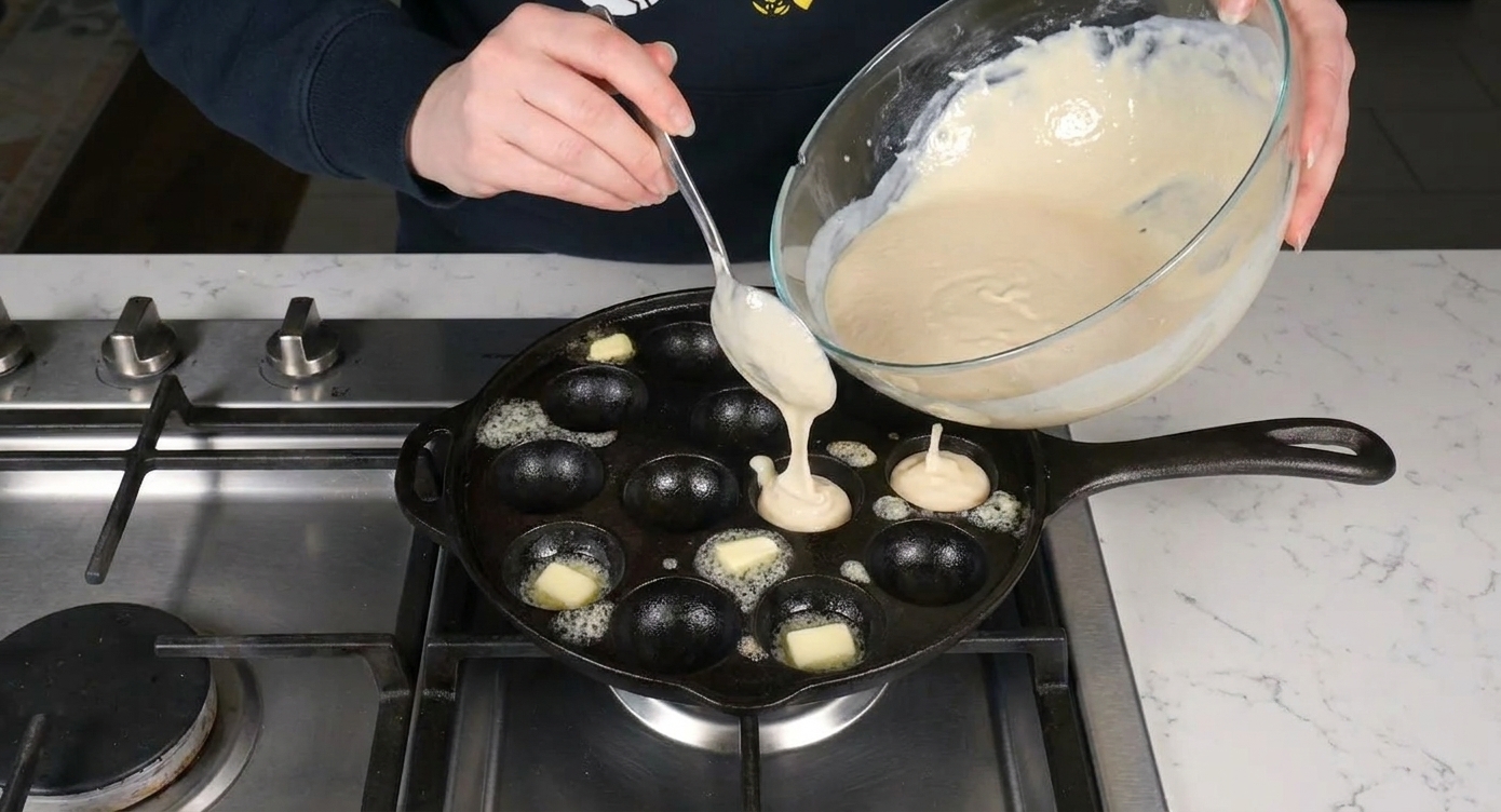 Batter being spooned into the wells of a buttered aebleskiver pan on the stovetop