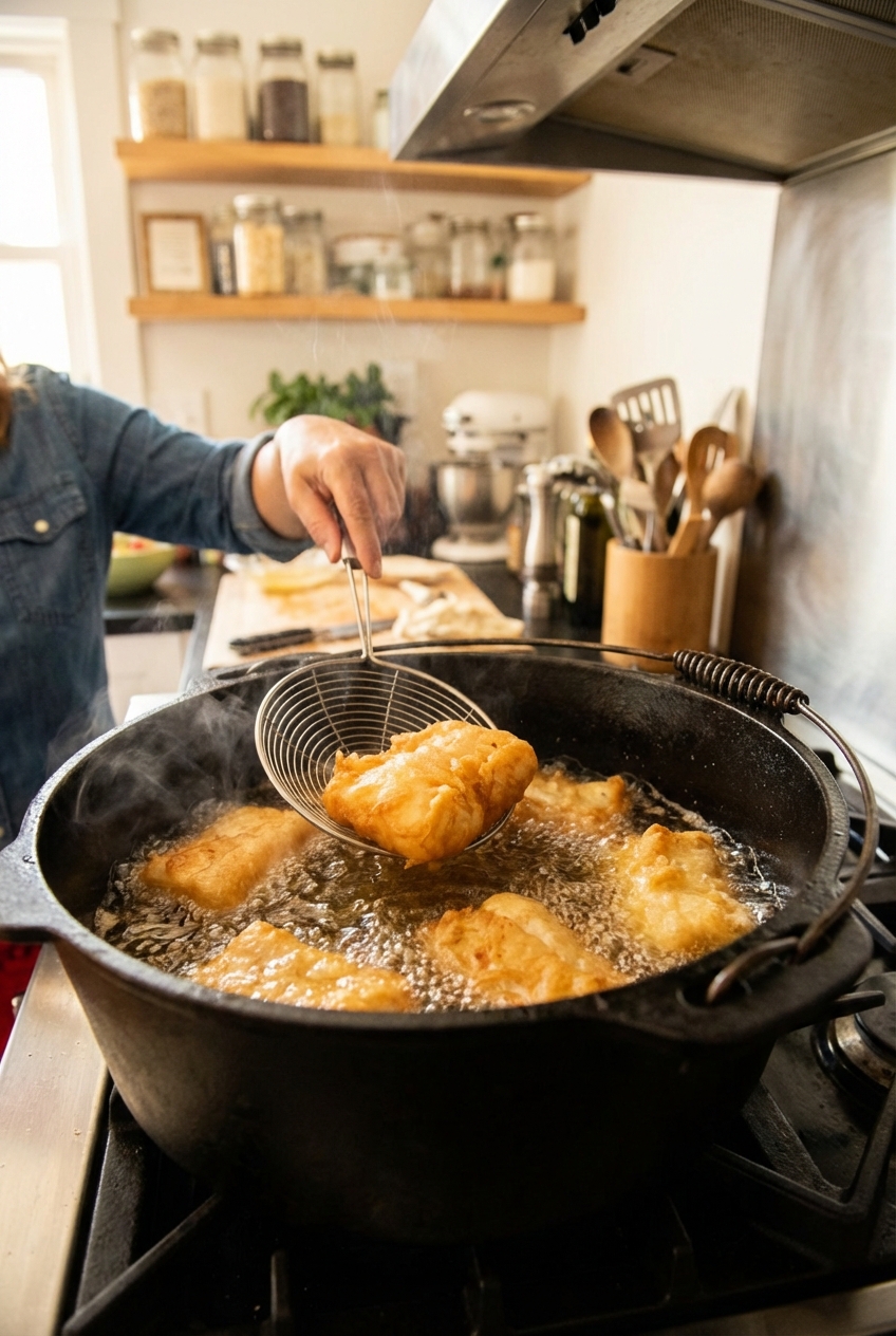 Battered fish pieces frying in a Dutch oven with bubbling oil