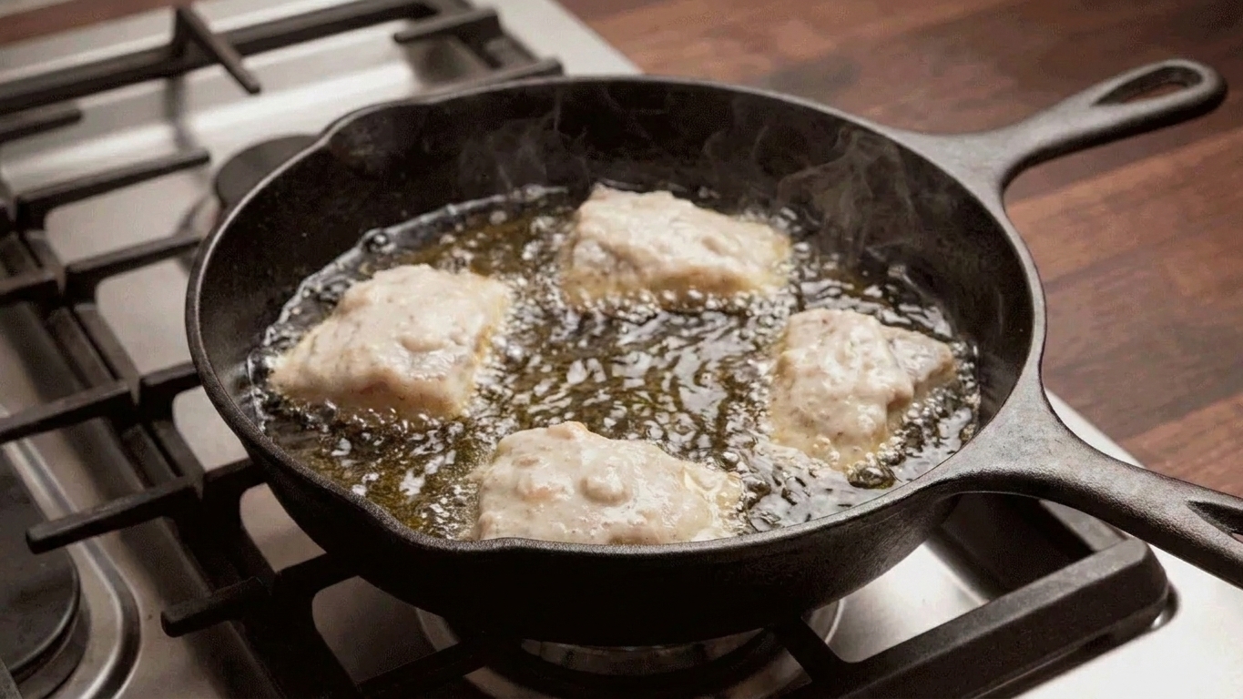 Battered fish pieces sizzling in hot oil in a skillet, with bubbles actively rising around the edges