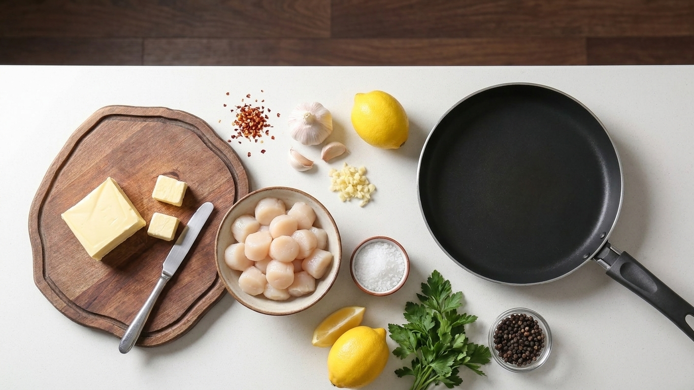 Bay scallops, butter, garlic, lemon, parsley, salt, pepper, and red pepper flakes arranged on a bright kitchen counter
