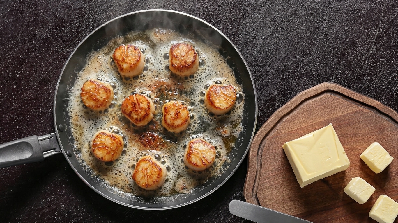 Bay scallops searing in a skillet with visible golden edges and bubbling butter