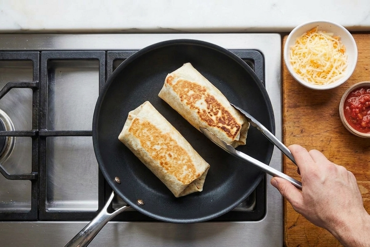 Bean burritos cooking seam-side down in a nonstick skillet on a stovetop, with golden toasted spots forming on the tortillas