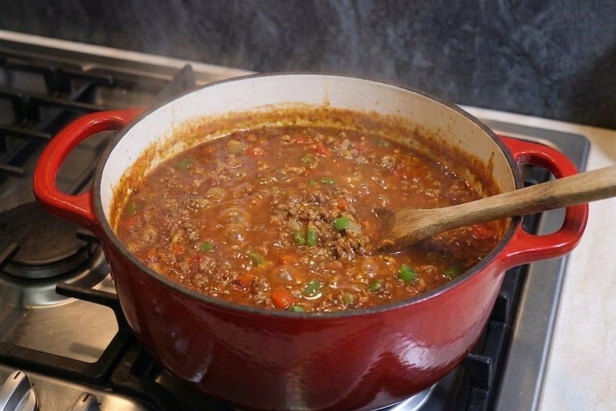 Beanless chili simmering gently in a Dutch oven with small bubbles on the surface and a spoon resting inside
