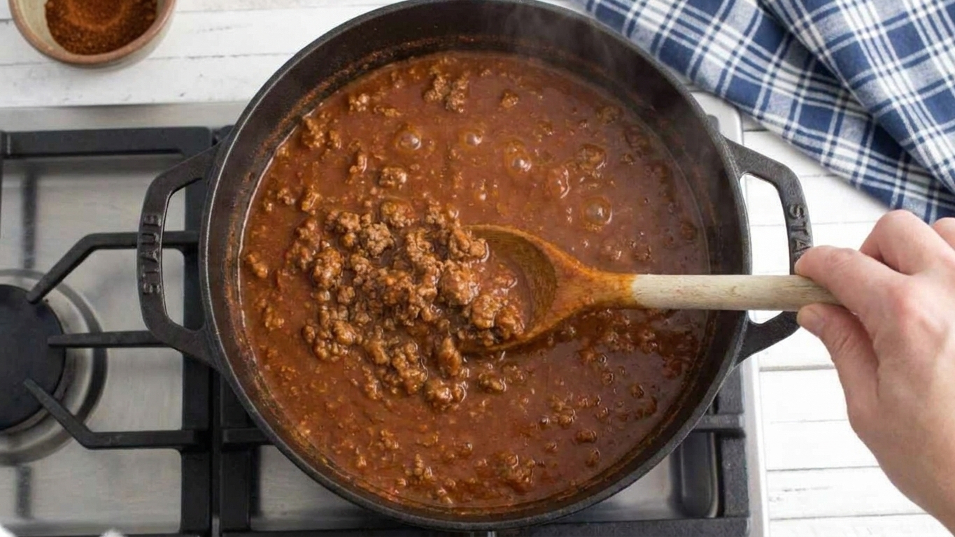 Beanless chili simmering in a Dutch oven as it is stirred with a wooden spoon on the stovetop