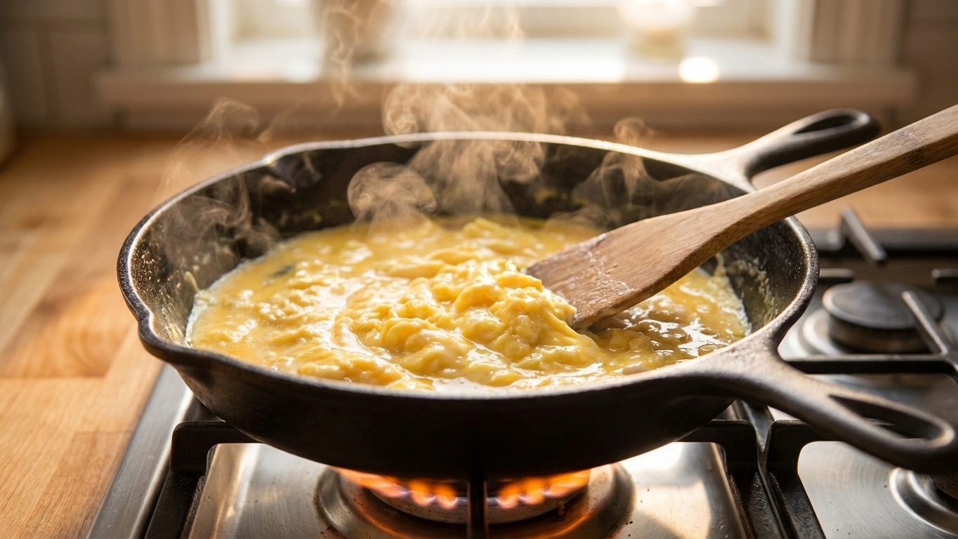 Beaten eggs being scrambled in a hot skillet with a spatula, soft curds forming in warm kitchen light