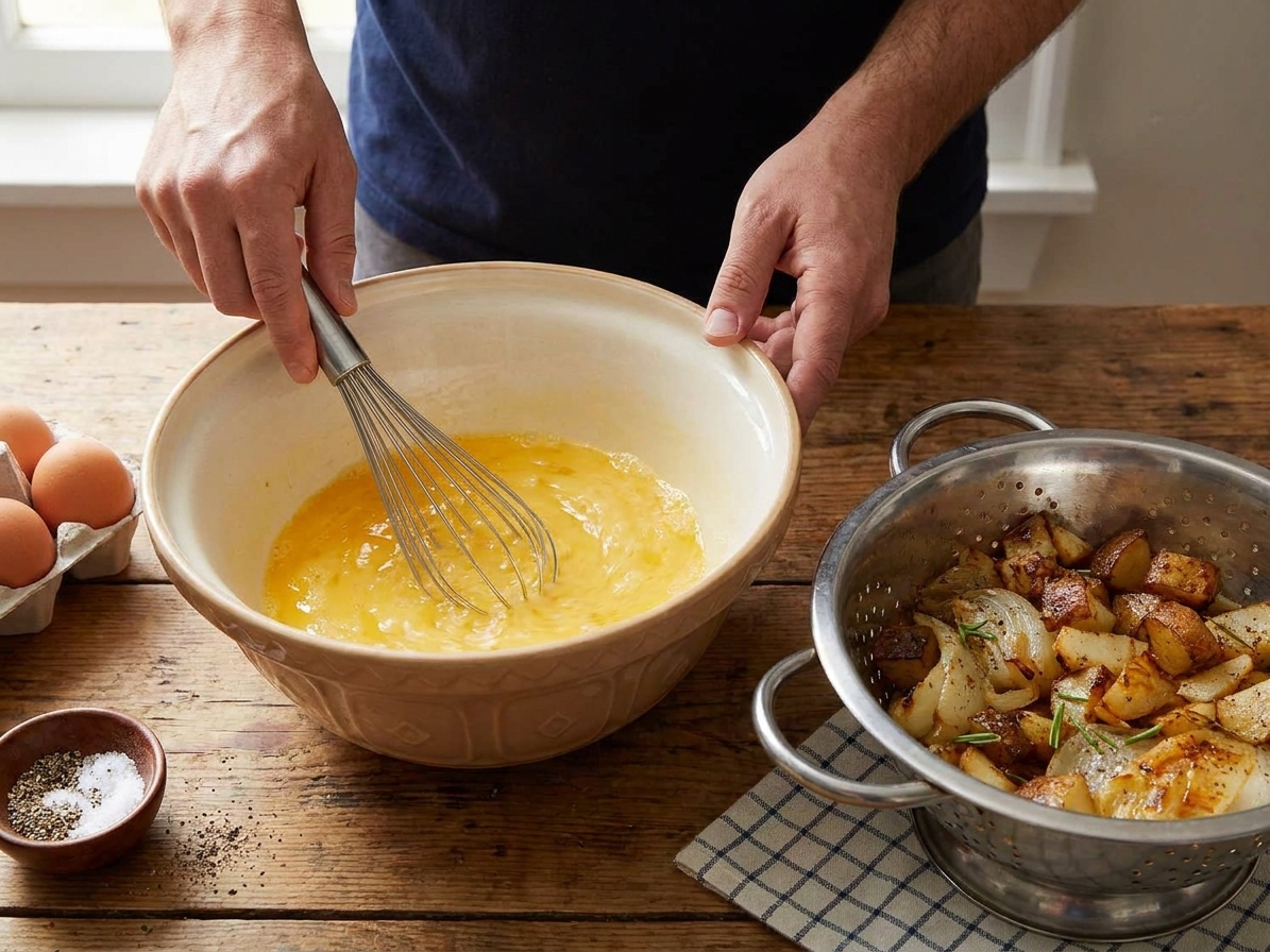Beaten eggs in a mixing bowl on a kitchen counter with a whisk, with drained potatoes and onions nearby
