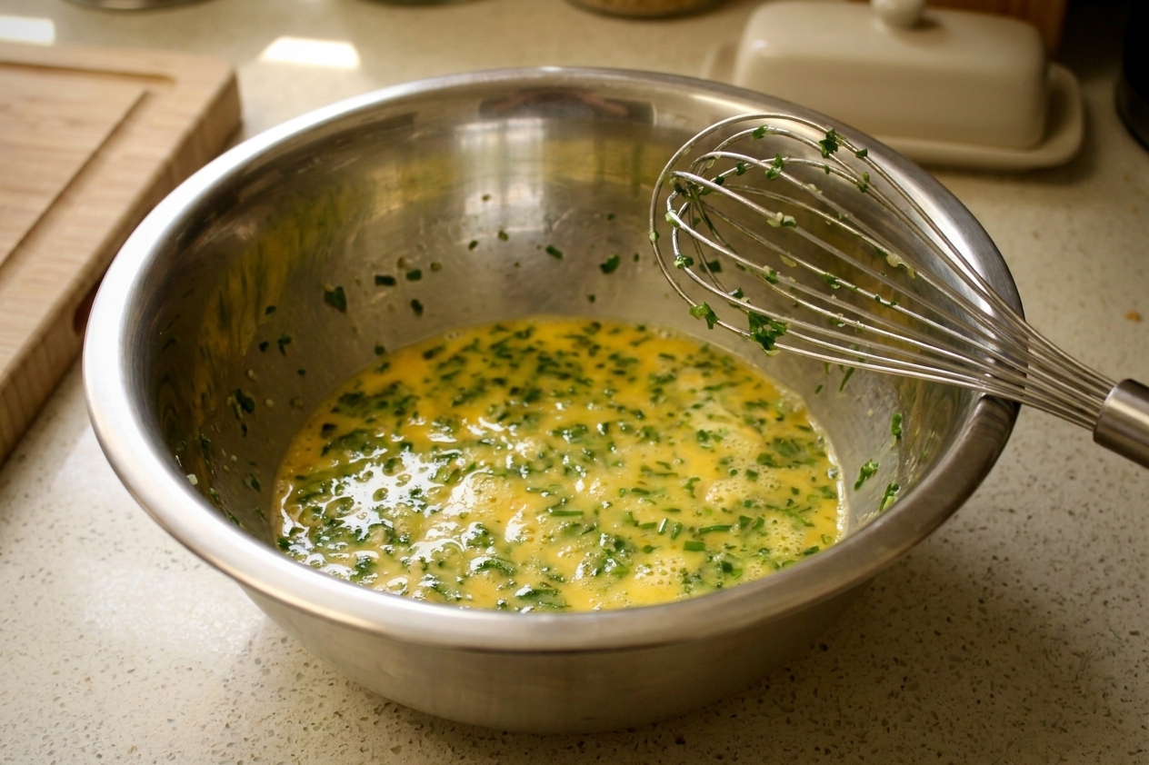 Beaten eggs in a mixing bowl with a whisk resting on the rim on a kitchen counter