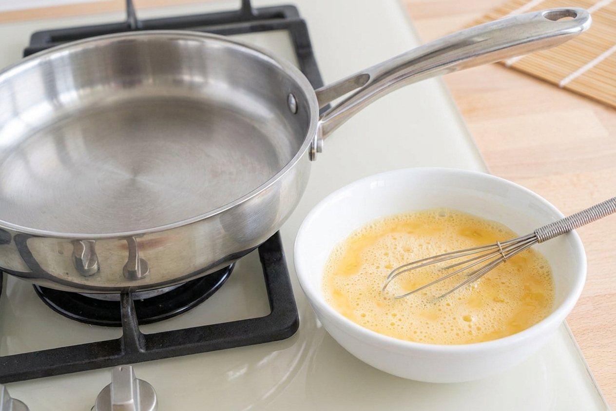 Beaten eggs in a small bowl next to a skillet on a stovetop, ready for cooking