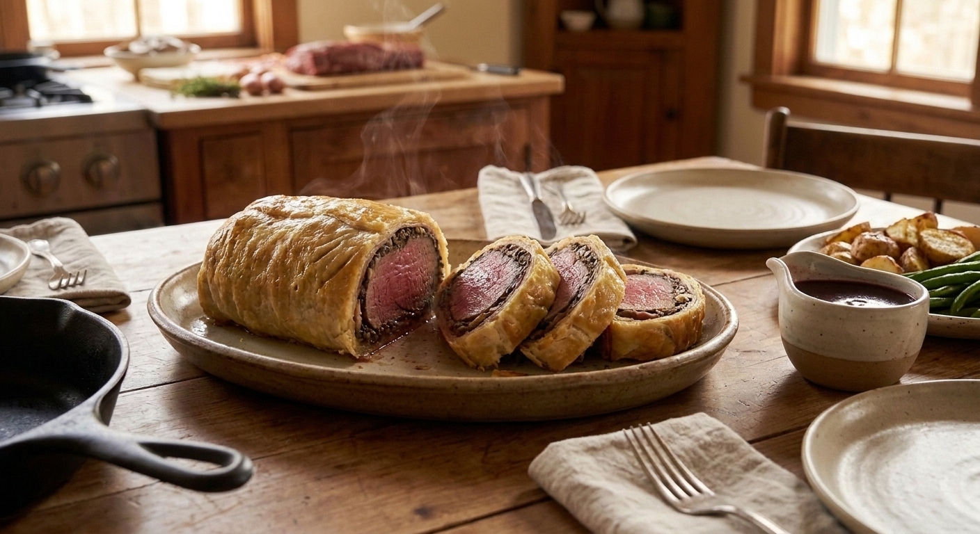 Beef Wellington sliced into thick pieces on a serving platter, showing crisp puff pastry layers and a pink center, set on a dining table with simple plates and cutlery
