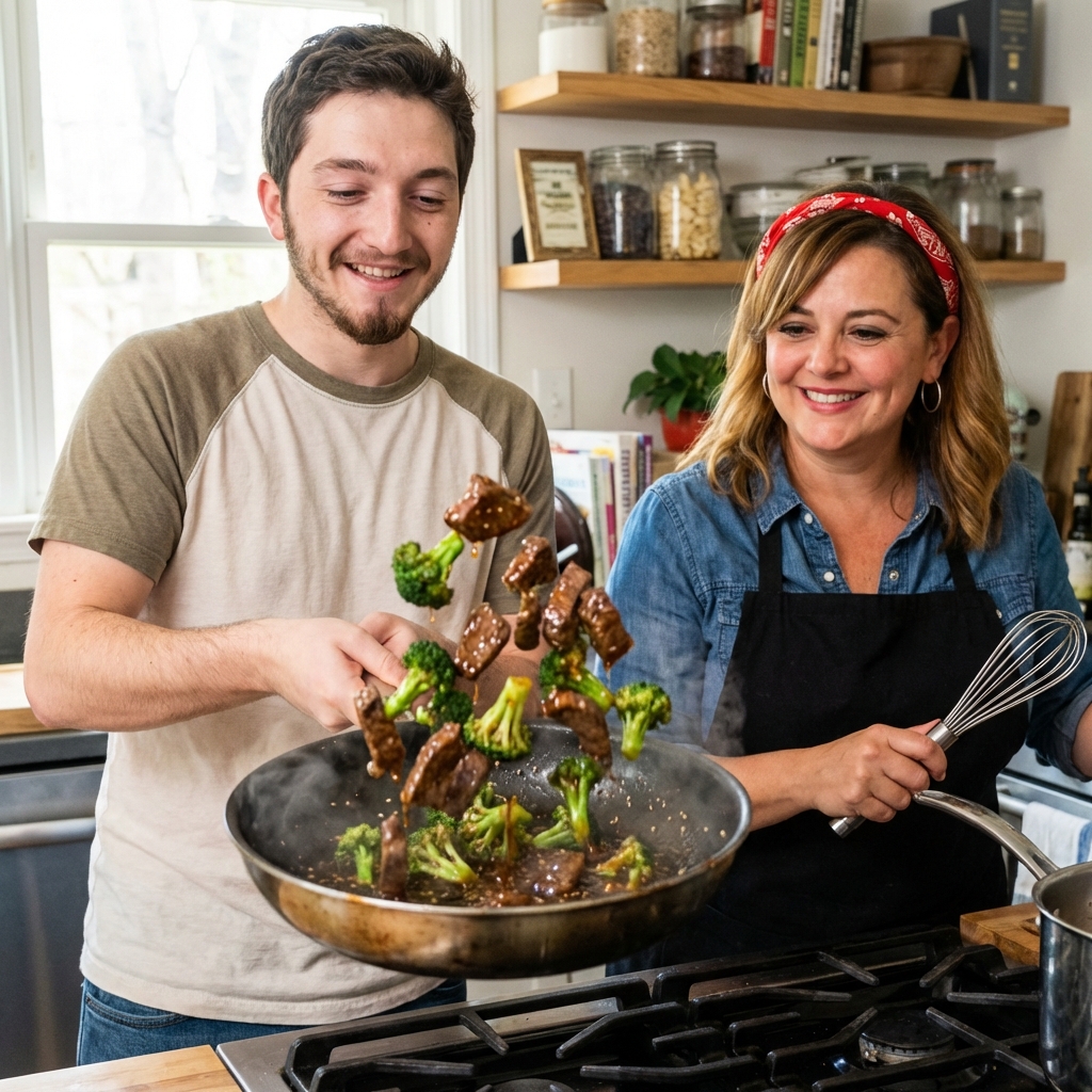 Beef and broccoli being tossed in a skillet as the sesame lime sauce turns glossy