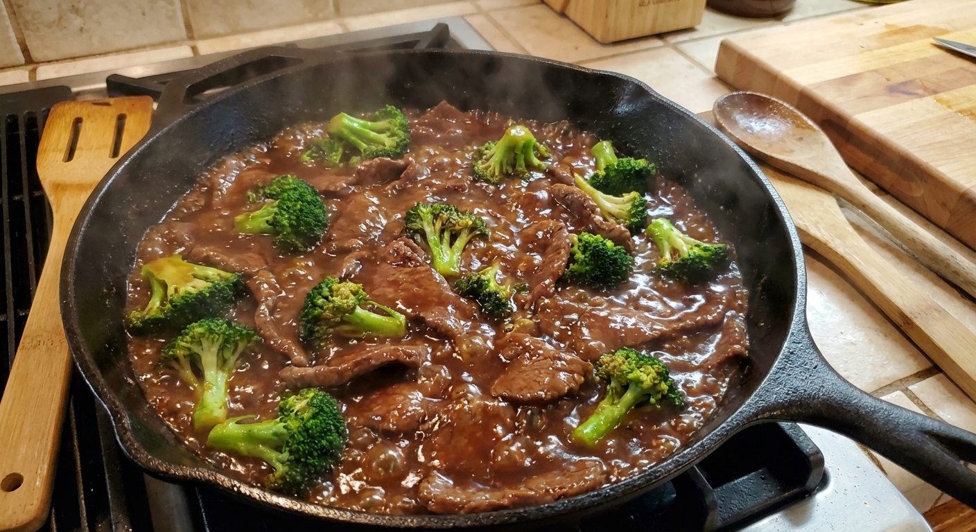 Beef and broccoli simmering in a skillet as a glossy sauce bubbles and thickens